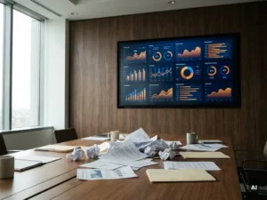 Interactief dashboard met kleurrijke grafieken aan kantoorwand, omringd door verspreide papieren rapporten op vergadertafel in ochtendlicht.