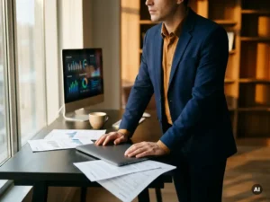 Zakelijke professional in gedachten verzonken aan modern bureau met laptop, rapporten en dashboard op monitor, warm amber en marineblauw licht.
