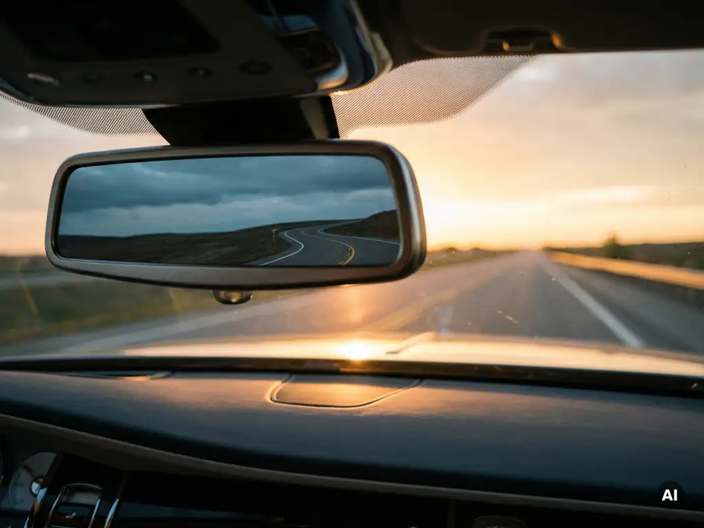 Achteruitkijkspiegel in auto-interieur met reflectie van afgelegde weg en open snelweg richting horizon in gouden avondlicht.