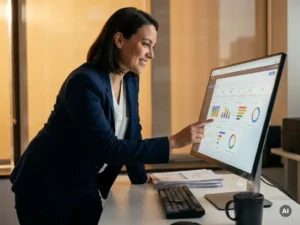 Bedrijfsanalist bekijkt interactief dashboard op breedbeeldmonitor, omringd door datarapporten en koffie op modern bureau.