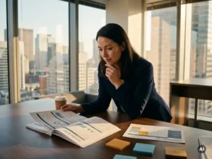 Bedrijfsanalist bekijkt een groot dashboardrapport op een modern bureau met beslissingsmatrix en gekleurde sticky notes, kantoor met stadsuitzicht.