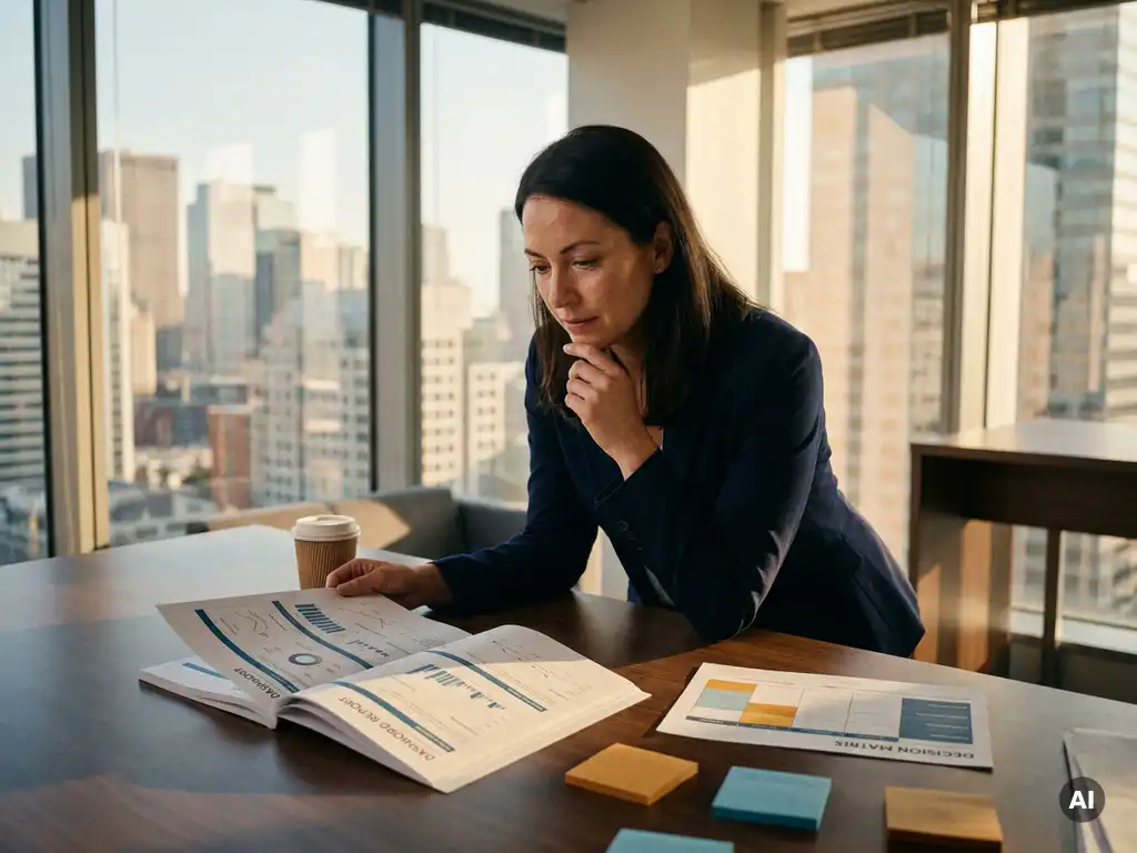 Bedrijfsanalist bekijkt een groot dashboardrapport op een modern bureau met beslissingsmatrix en gekleurde sticky notes, kantoor met stadsuitzicht.