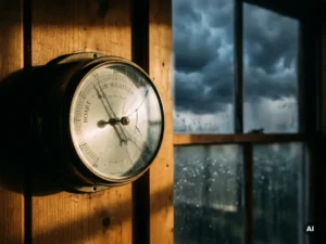 Gebarsten antieke barometer op verweerde houten muur, wijzer op "Mooi Weer" terwijl donkere stormlucht door regenbeslagen raam zichtbaar is.