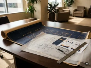 Architectuurblauwdruk met technische diagrammen op vergadertafel, met dashboard rapport, liniaal en mechanisch potlood in kantooromgeving.