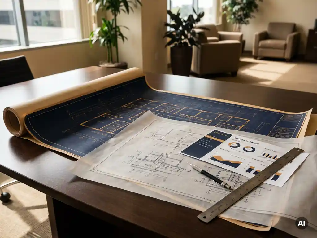 Architectuurblauwdruk met technische diagrammen op vergadertafel, met dashboard rapport, liniaal en mechanisch potlood in kantooromgeving.
