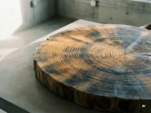 Verwerkte dwarsdoorsnede van een boomstam op beton, met zichtbare jaarringen in warme amber- en houtskoolkleuren.