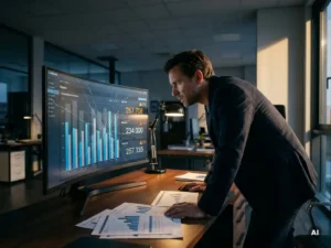 Analist bestudeert gebarsten dashboardscherm met foutieve staafdiagrammen en tegenstrijdige data in modern kantoor met amberkleurig waarschuwingslicht.