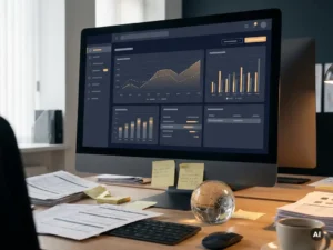 Zakelijk dashboard met onvolledige grafieken op monitor, omringd door versnipperde rapporten en gebarsten glazen presse-papier op kantoorbureau.