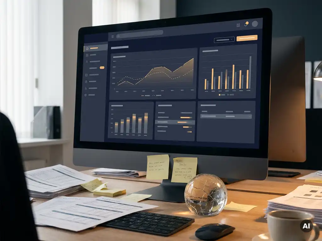 Zakelijk dashboard met onvolledige grafieken op monitor, omringd door versnipperde rapporten en gebarsten glazen presse-papier op kantoorbureau.