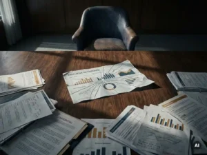 Gebarsten dashboard-uitdraai op vergadertafel, omringd door tegenstrijdige rapporten en een lege leren stoel, dramatisch zijlicht.