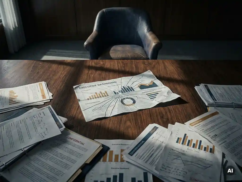 Gebarsten dashboard-uitdraai op vergadertafel, omringd door tegenstrijdige rapporten en een lege leren stoel, dramatisch zijlicht.