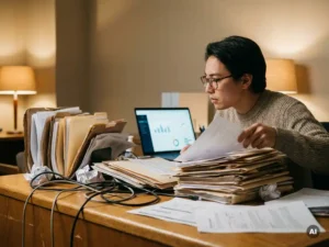 Data-analist zoekt document in chaotische stapels manila mappen en printouts op groot eiken bureau, laptop met dashboard op achtergrond.