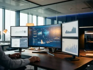 Meerdere datadashboards op aparte monitoren op een modern bureau, verlicht met marineblauw en amber accenten in een strak kantoor.