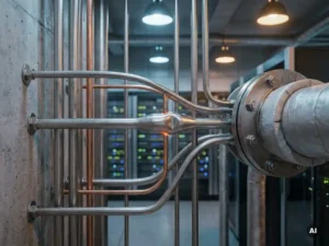 Bundel dunne metalen buizen die samenkomen in één brede industriële leiding, bevestigd aan betonnen muur in datacenter.