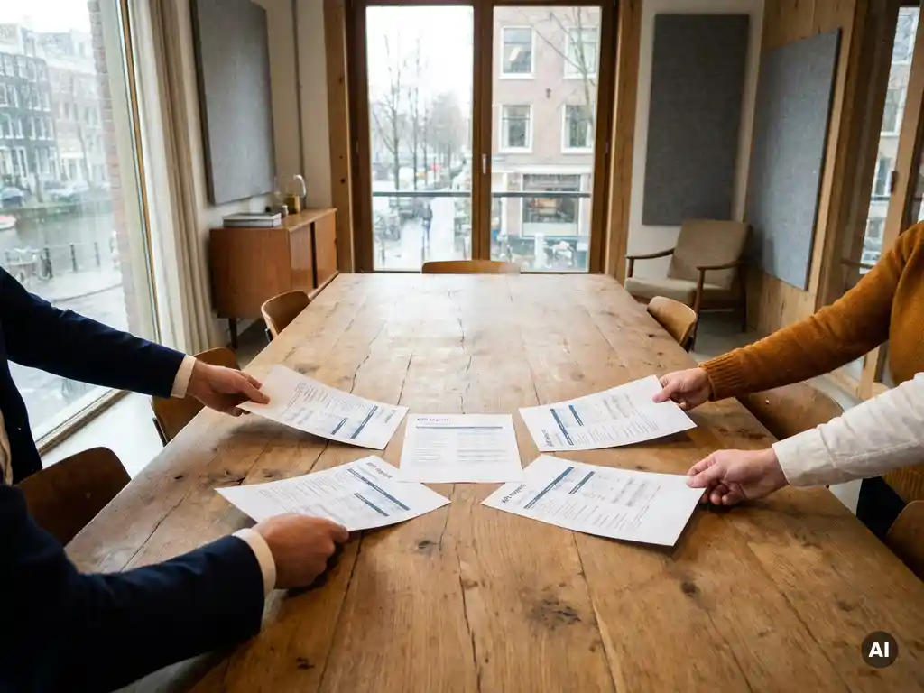 Vier collega's schuiven KPI-rapporten samen op een eikenhouten vergadertafel in een modern Nederlands kantoor met vloer-tot-plafondvensters.