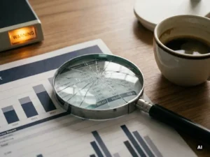 Gebarsten vergrootglas op een gedrukt datarapport aan een zakelijk bureau, met een halfleeg koffiekopje op de achtergrond.