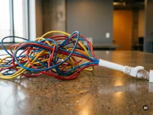 Verstrengelde rode, blauwe en gele kabels die samenkomen in één witte ethernetkabel op een betonnen bureau.
