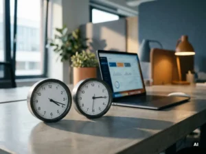 Twee analoge klokken met verschillende tijden op een betonnen bureau, met een laptop op de achtergrond in een modern kantoor.