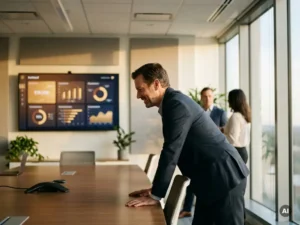 Manager in maatpak leunt geconcentreerd voorover aan vergadertafel, analyseert zakelijk dashboard met grafieken op groot wandscherm.