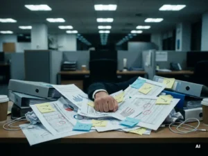 Gestrest hand van een manager op een bureau bedolven onder overlappende dashboardrapporten, sticky notes en conflicterende grafieken met rode waarschuwingen.