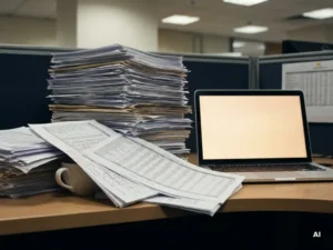 Hoge stapel uitgeprinte spreadsheets en handgeschreven rapporten op een bureau, met een ongebruikte laptop en begraven koffiekop ernaast.