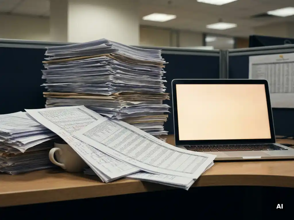 Hoge stapel uitgeprinte spreadsheets en handgeschreven rapporten op een bureau, met een ongebruikte laptop en begraven koffiekop ernaast.