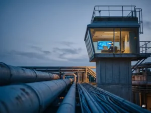 Industrieel pijpleidingnetwerk convergeert naar glazen controlekamer met verlicht dashboard in stalen enterprise-omgeving.
