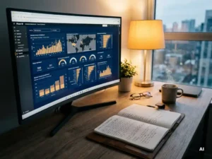 Power BI-dashboard op monitor naast open Excel-spreadsheet op bureau, verlicht met marineblauw en warm amberkleurig licht.