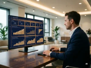 Professional die Power BI-dashboard bestudeert op groot monitor, met kleurrijke staafdiagrammen en KPI-tegels in marineblauw en amber.