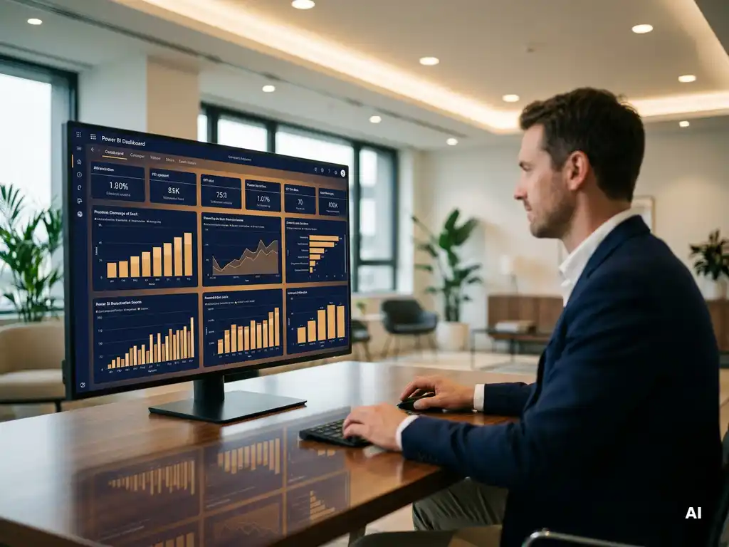 Professional die Power BI-dashboard bestudeert op groot monitor, met kleurrijke staafdiagrammen en KPI-tegels in marineblauw en amber.
