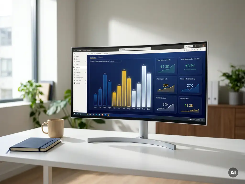 Power BI-dashboard op ultrabreed scherm met kleurrijke staafdiagrammen en KPI-tegels, notitieboek en koffiekop op wit bureau.