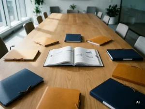 Bovenaanzicht van een eiken vergadertafel met centraal rapport omringd door verspreide afdelingsmappen in marineblauw en amber tinten.