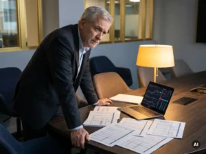 Senior executive in maatpak bestudeert uitgeprinte datarapporten op vergadertafel, laptop met grafieken open, peinzende blik.