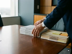 Handen van een senior executive die gedrukte rapporten samenvoegt tot één stapel op een glanzende vergadertafel, met departementsmappen en notities.