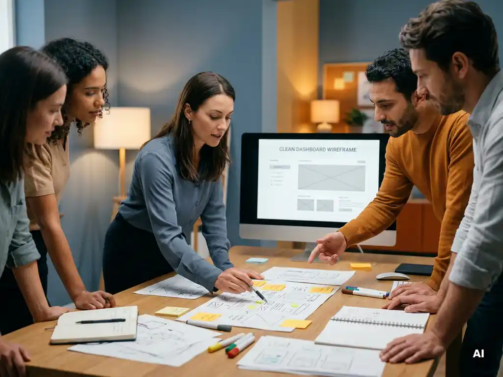 Diverse professionals overleggen rond een monitor met dashboard-wireframe, met papieren prototypes en sticky notes op het bureau.