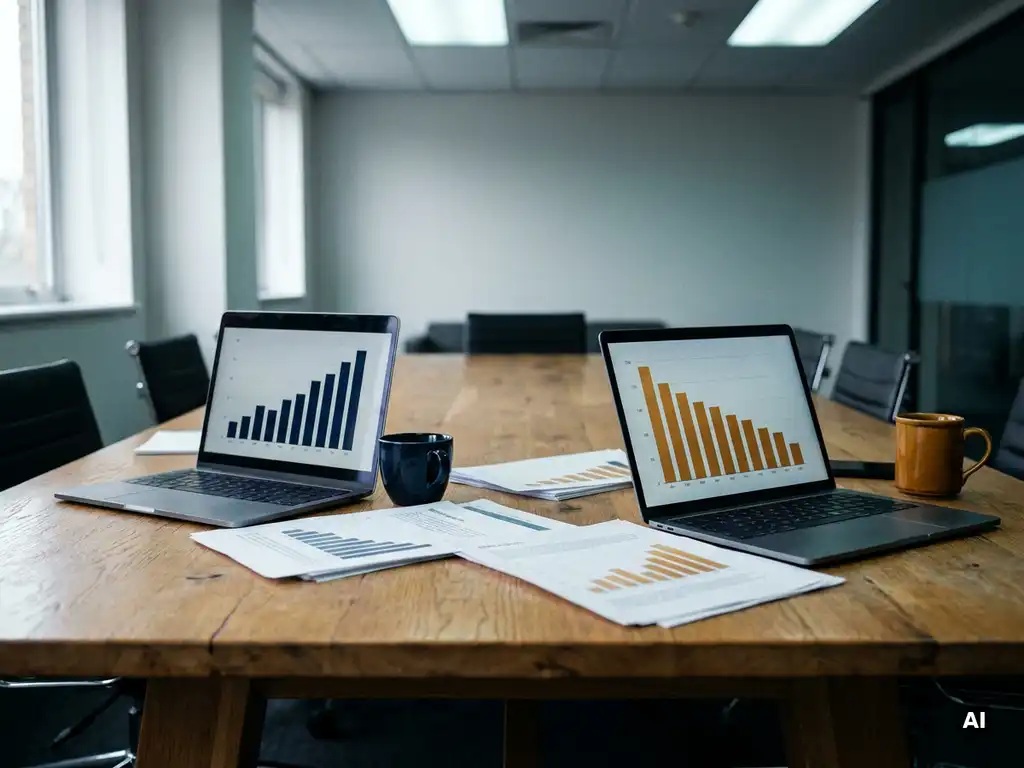 Eikenhouten vergadertafel met twee laptops met conflicterende staafdiagrammen, verspreide rapporten en twee koffiekopjes aan weerszijden.