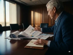 Senior executive bestudeert handgeschreven notitieblok aan mahonie vergadertafel, BI-rapporten terzijde geschoven, warm middaglicht.