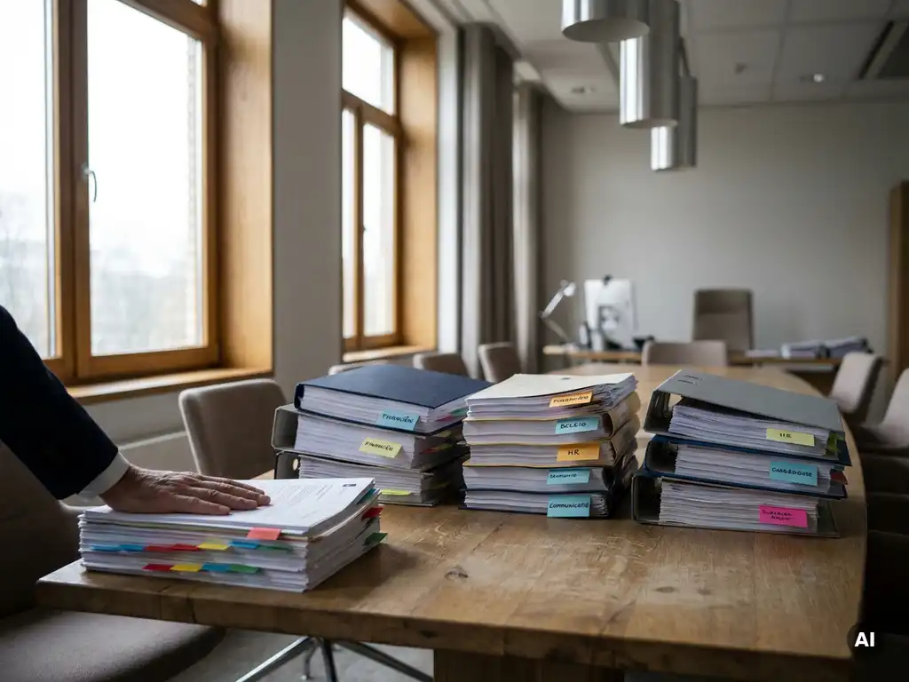 Directeurhand op stapel rapporten met gekleurde tabs op vergadertafel in Nederlands overheidskantoor.