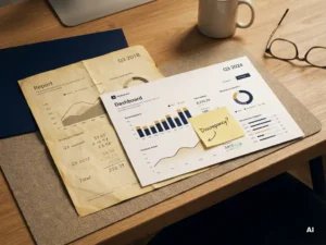 Verouderd papieren rapport onder moderne dashboard-uitdraai op bureaublad, met sticky note die een discrepantie markeert.