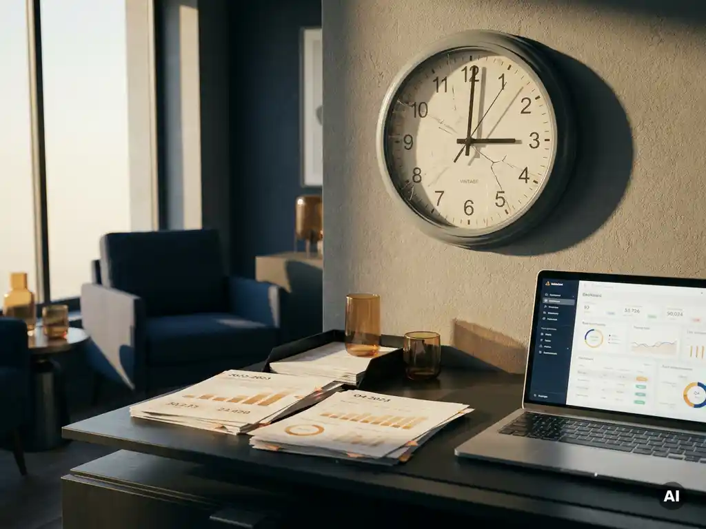 Gebarsten analoge wandklok boven een bureau met verouderde rapporten en laptop met actuele bedrijfsdata, dramatisch zijlicht.