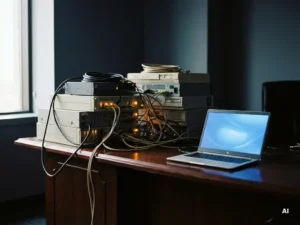 Verouderde servers en verwarde kabels op een bureauoppervlak naast een moderne laptop met blauw schermgloed, symboliseert IT-migratie.